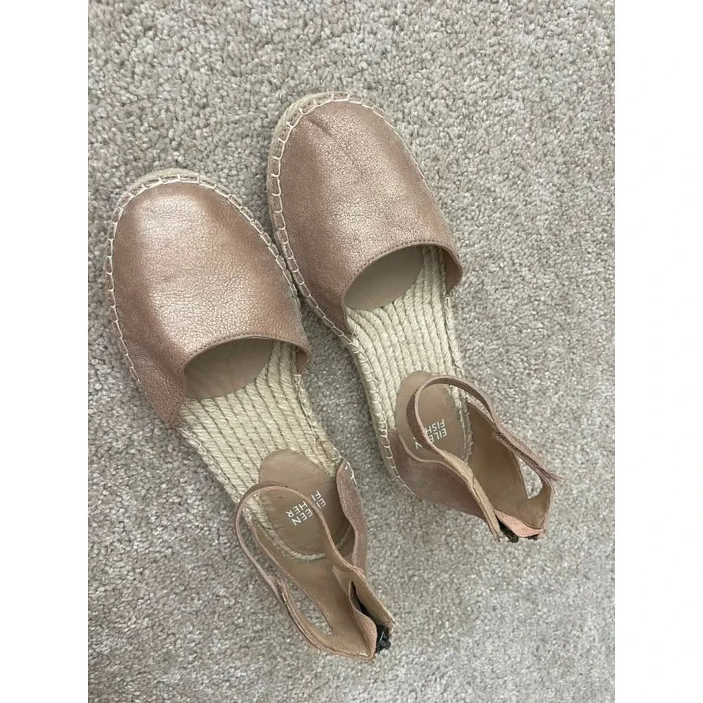 Eileen Fisher Womens Metallic Rose Gold Leather Espadrille Ankle Strap Flats 7.5